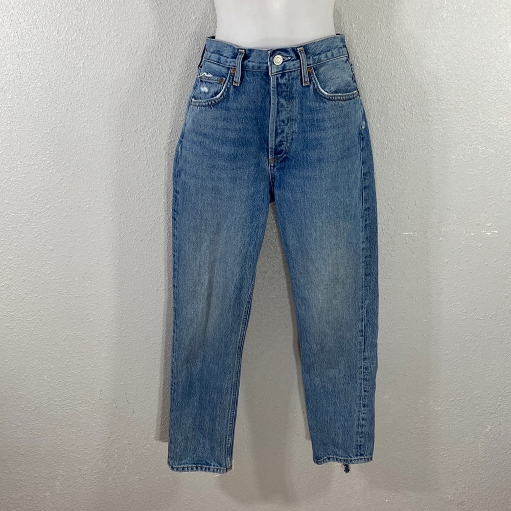 Agolde Riley Long High Rise Button Fly Distressed Hem Straight Leg Jeans 24 - Picture 5 of 16